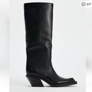 Zara Sleek Black Heeled Leather Boots, size EU 39